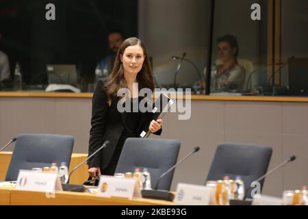 The Finnish PM arrives at the round table. Prime Minister of Finland Sanna Mirella Marin on the round table room during the second of the European Council - EURO summit - EU leaders meeting, at the headquarters of European Union on December 13, 2019 in Brussels, Belgium. (Photo by Nicolas Economou/NurPhoto) Stock Photo