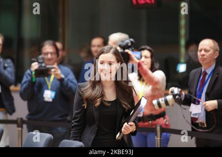 The Finnish PM arrives at the round table. Prime Minister of Finland Sanna Mirella Marin on the round table room during the second of the European Council - EURO summit - EU leaders meeting, at the headquarters of European Union on December 13, 2019 in Brussels, Belgium. (Photo by Nicolas Economou/NurPhoto) Stock Photo