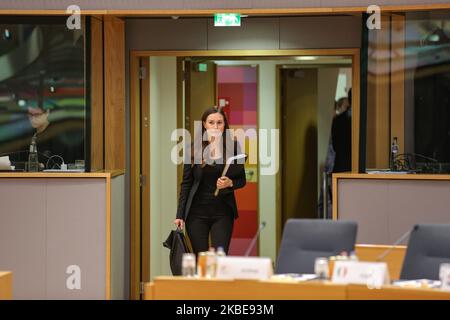 The Finnish PM arrives at the round table. Prime Minister of Finland Sanna Mirella Marin on the round table room during the second of the European Council - EURO summit - EU leaders meeting, at the headquarters of European Union on December 13, 2019 in Brussels, Belgium. (Photo by Nicolas Economou/NurPhoto) Stock Photo