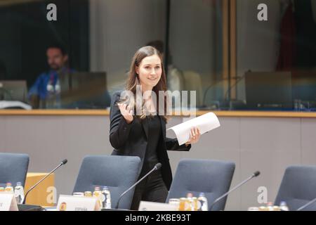 The Finnish PM arrives at the round table. Prime Minister of Finland Sanna Mirella Marin on the round table room during the second of the European Council - EURO summit - EU leaders meeting, at the headquarters of European Union on December 13, 2019 in Brussels, Belgium. (Photo by Nicolas Economou/NurPhoto) Stock Photo