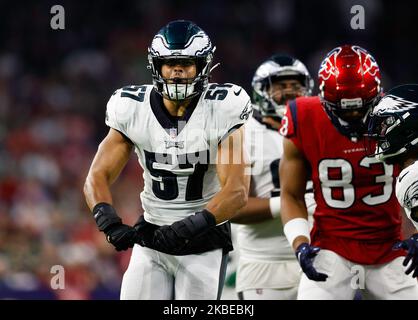 November 3, 2022: Houston Texans linebacker Christian Harris (48) reacts  after a defensive play during an NFL game between the Texans and the Eagles  on Nov. 3, 2022, in Houston. The Eagles