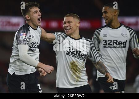 Derby's Jason Knight (left) celebrates his goal during the Sky Bet Championship match between Middlesbrough and Derby County at the Riverside Stadium, Middlesbrough on Saturday 11th January 2020. (Photo by Tom Collin/MI News/NurPhoto) Stock Photo