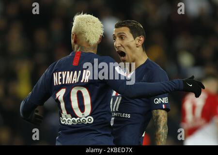 Neymar and Angel Di Maria of PSG during the French L1 football match between Paris Saint-Germain and AS Monaco at the Parc des Princes stadium in Paris on January 12, 2020. (Photo by Mehdi Taamallah/NurPhoto) Stock Photo