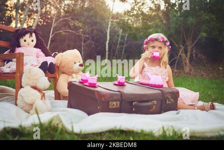 Were having a great day at the park. an adorable little dressed as a princess having a teat party with her stuffed toys in the garden. Stock Photo