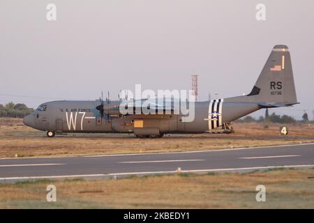 An Iconic C-130 military transport turboprop aircraft during the takeoff phase. The American plane, a Lockheed Martin C-130J-30 Super Hercules of the United Staes - US Air Force USAF is carrying special markings paint commemorating 75 years D-Day celebrations. The W7 code used in June 1944 for the 37 Troop Carrier Squadron, nowadays Airlift wings, that participated in DDay landings. The airplane participated in Athens Flying Week Air Show at Tanagra LGTG Air Base in Greece. Tanagra, Greece - September 22, 2019 (Photo by Nicolas Economou/NurPhoto) Stock Photo