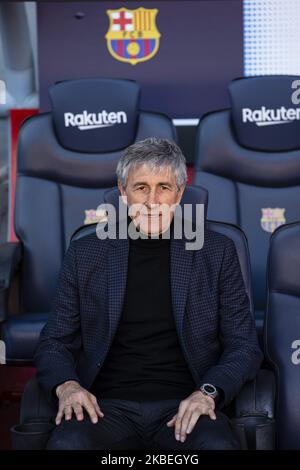 Presentation of Quique Setien as a new coach of FC Barcelona with contract till 30th of June of 2022 at Camp Nou Stadium on January 14, 2020 in Barcelona, Spain. (Photo by Xavier Bonilla/NurPhoto) Stock Photo