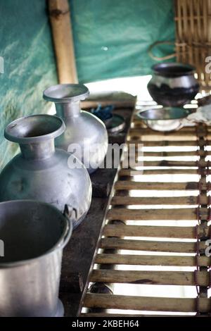 Traditional Assamese kitchen of a bamboo house pictured at Majuli ...