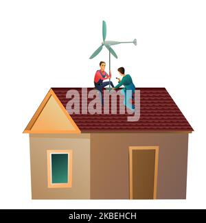 Two working windmills on roof. Electricity generator. Renewable alternative energy. Electricity from the wind. Small house and two workers. Service Stock Vector