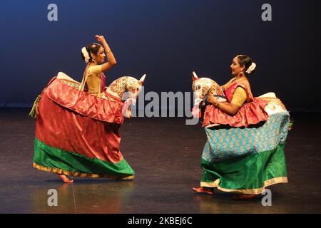 Tamil dancers perform the Poikkal Kuthirai Aattam (false horse dance) during a cultural program celebrating the Thai Pongal Festival in Markham, Ontario, Canada, on January 12, 2020. The festival of Thai Pongal is a thanksgiving festival honoring the Sun God (Lord Surya) and celebrating a successful harvest. (Photo by Creative Touch Imaging Ltd./NurPhoto) Stock Photo