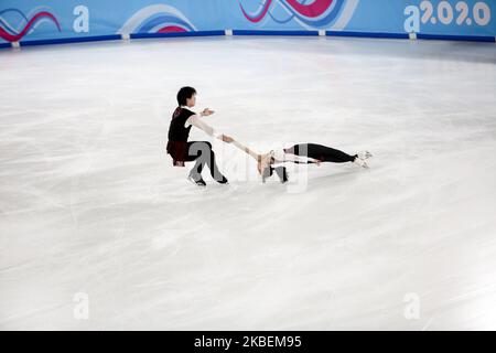 Wang Yuchen and Huang Yihang from China compete in the Figure Skating: Mixed NOC Team Pair Skating during 6 day of Winter Youth Olympic Games Lausanne 2020 in Les Tuffes Nordic Centre, France on January 15, 2020. (Photo by Dominika Zarzycka/NurPhoto) Stock Photo