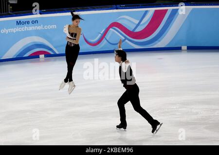 Wang Yuchen and Huang Yihang from China compete in the Figure Skating: Mixed NOC Team Pair Skating during 6 day of Winter Youth Olympic Games Lausanne 2020 in Les Tuffes Nordic Centre, France on January 15, 2020. (Photo by Dominika Zarzycka/NurPhoto) Stock Photo