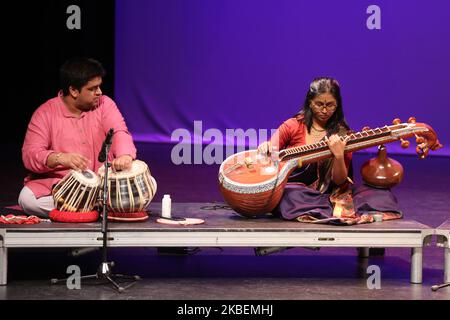 Tamil youth perform a classical song in the traditional Carnatic style of music during a cultural program celebrating the Thai Pongal Festival in Markham, Ontario, Canada, on January 12, 2020. The festival of Thai Pongal is a thanksgiving festival honoring the Sun God (Lord Surya) and celebrating a successful harvest. (Photo by Creative Touch Imaging Ltd./NurPhoto) Stock Photo