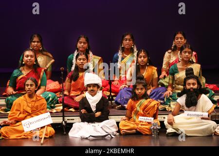 Tamil youth perform a Carnatic song showcasing the Tamil culture during a cultural program celebrating the Thai Pongal Festival in Markham, Ontario, Canada, on January 12, 2020. The festival of Thai Pongal is a thanksgiving festival honoring the Sun God (Lord Surya) and celebrating a successful harvest. (Photo by Creative Touch Imaging Ltd./NurPhoto) Stock Photo