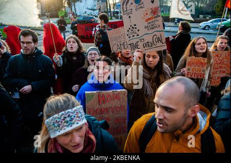 XR activists are holding banners and shouting slogans in front of the Australian embassy during the second Extinction Rebellion solidarity demonstration with Australia, in The Hague, on January 16th, 2020. (Photo by Romy Arroyo Fernandez/NurPhoto) Stock Photo