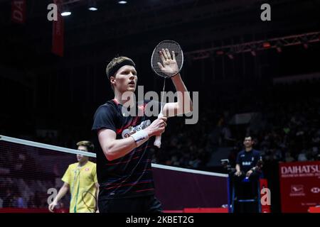 Anders Antonsen of Denmark competes in the Men Singles semi-final match against Lee Cheuk Yiu of Hong Kong on day five of the Daihatsu Indonesia Master at Istora Gelora Bung Karno on January 18, 2020, in Jakarta, Indonesia. (Photo by Andrew Gal/NurPhoto) Stock Photo