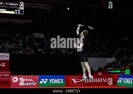 Anders Antonsen of Denmark competes in the Men Singles semi-final match against Lee Cheuk Yiu of Hong Kong on day five of the Daihatsu Indonesia Master at Istora Gelora Bung Karno on January 18, 2020, in Jakarta, Indonesia. (Photo by Andrew Gal/NurPhoto) Stock Photo