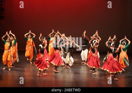 Tamil Bharatnatyam dancers perform a traditional dance depicting the strength of the Goddess Amman during a cultural program celebrating the Thai Pongal Festival in Markham, Ontario, Canada, on January 12, 2020. The festival of Thai Pongal is a thanksgiving festival honoring the Sun God (Lord Surya) and celebrating a successful harvest. (Photo by Creative Touch Imaging Ltd./NurPhoto) Stock Photo