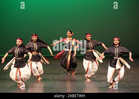 Tamil Bharatnatyam dancers perform a traditional dance depicting the strength of the Goddess Amman during a cultural program celebrating the Thai Pongal Festival in Markham, Ontario, Canada, on January 12, 2020. The festival of Thai Pongal is a thanksgiving festival honoring the Sun God (Lord Surya) and celebrating a successful harvest. (Photo by Creative Touch Imaging Ltd./NurPhoto) Stock Photo