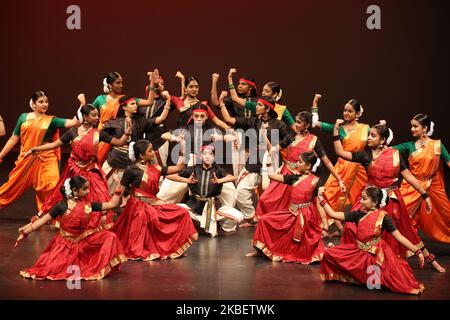 Tamil Bharatnatyam dancers perform a traditional dance depicting the strength of the Goddess Amman during a cultural program celebrating the Thai Pongal Festival in Markham, Ontario, Canada, on January 12, 2020. The festival of Thai Pongal is a thanksgiving festival honoring the Sun God (Lord Surya) and celebrating a successful harvest. (Photo by Creative Touch Imaging Ltd./NurPhoto) Stock Photo