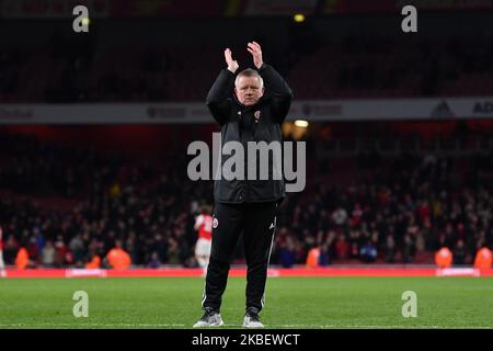 Sheffield United manager Chris Wilder acknowledges the fans at full-time during the Premier League match between Arsenal FC and Sheffield United at Emirates Stadium on January 18, 2020 in London, United Kingdom. (Photo by MI News/NurPhoto) Stock Photo