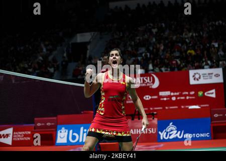 Carolina Marin of Spain competes in the Women Singles final match against Ratchanok Intanon of Thailand on day six of the Daihatsu Indonesia Master at Istora Gelora Bung Karno on January 19, 2020, in Jakarta, Indonesia. (Photo by Andrew Gal/NurPhoto) Stock Photo
