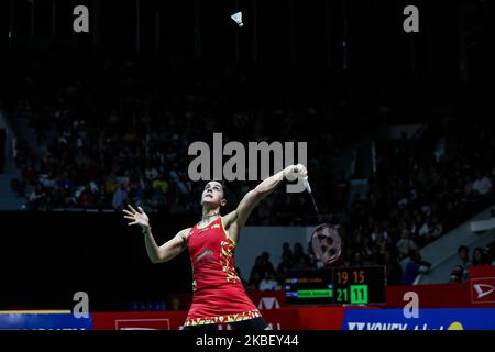 Carolina Marin of Spain competes in the Women Singles final match against Ratchanok Intanon of Thailand on day six of the Daihatsu Indonesia Master at Istora Gelora Bung Karno on January 19, 2020, in Jakarta, Indonesia. (Photo by Andrew Gal/NurPhoto) Stock Photo