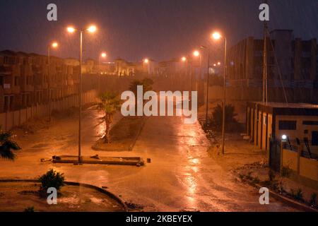 Cairo, Egypt, October 25 2022: foggy unclear scene of the streets due to heavy rains flooding with stormy wind, thunder and lightning in Cairo, Egypt, Stock Photo