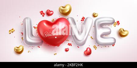 Love balloons valentine's vector design. Will you be my valentine's text in heart red balloon and 3d inflatable object  for background decoration. Stock Vector