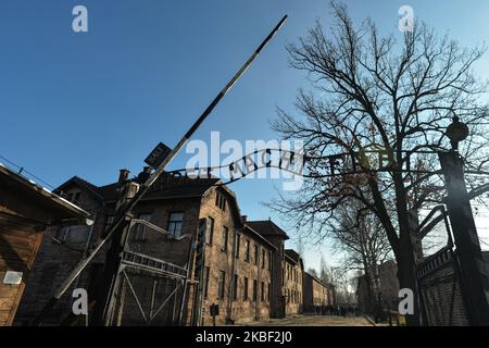 The main entrance gate toAuschwitz I former Nazi concentration camp with 'Arbeit Macht Frei' sign. On Tuesday, January 21, 2020, in Auschwitz I concentration camp, Oswiecim, Poland. (Photo by Artur Widak/NurPhoto) Stock Photo
