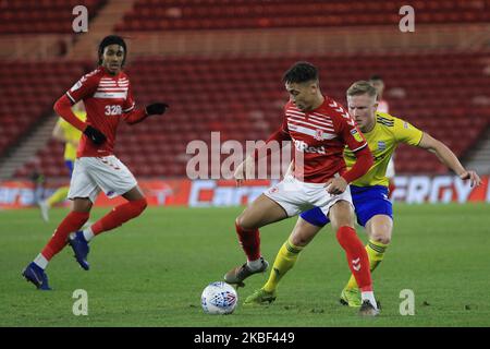 Marcus Tavernier of Middlesbrough in action with Birmingham City's Kristian Pedersen during the Sky Bet Championship match between Middlesbrough and Birmingham City at the Riverside Stadium, Middlesbrough on Tuesday 21st January 2020. (Photo by Mark Fletcher/MI News/NurPhoto) Stock Photo