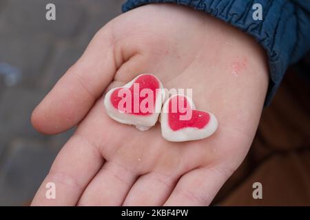 two little heart on the palm of the child Stock Photo
