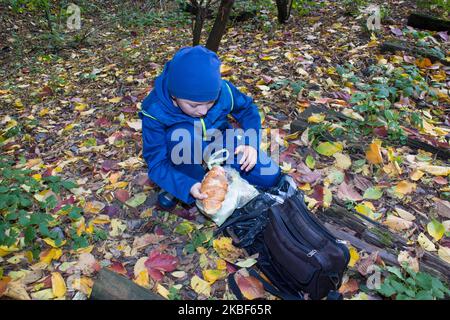 The boy pulls the croissant out of the bag in the autumn forest Stock Photo