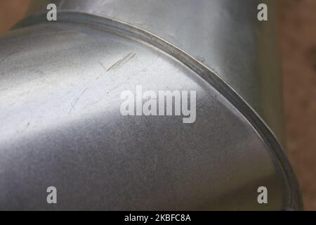 close up of a galvanized sheet connection in a drainage pipe Stock Photo