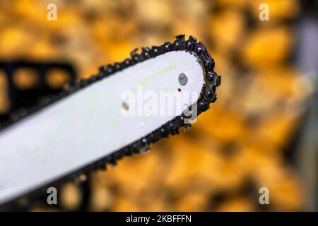Close-up of the cutting tire and chainsaw cutting chain Stock Photo
