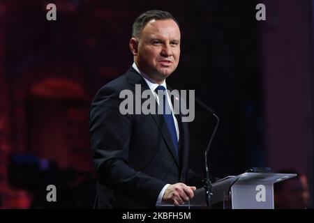 Polish President Andrzej Duda during his address at the official ceremony marking the 75th anniversary of the liberation of the former Nazi-German concentration and extermination camp Auschwitz II - Birkenau. On Monday, January 27, 2020, in Auschwitz II-Birkenau Concentration Camp, Oswiecim, Poland. (Photo by Artur Widak/NurPhoto) Stock Photo