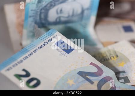Currency, exchange rate, illustration photo mix of money, Sterling / British Pound GBP and Euro EUR banknotes paper bills and coin at close up pictures after the Brexit. Amsterdam, Netherlands - 02 02 2020 (Photo by Nicolas Economou/NurPhoto) Stock Photo