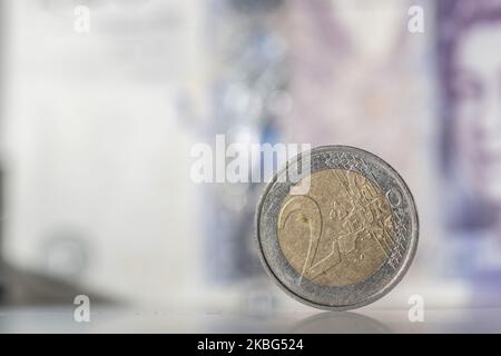 Currency, exchange rate, illustration photo mix of money, Sterling / British Pound GBP and Euro EUR banknotes paper bills and coin at close up pictures after the Brexit. Amsterdam, Netherlands - 02 02 2020 (Photo by Nicolas Economou/NurPhoto) Stock Photo