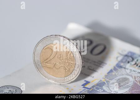 Currency, exchange rate, illustration photo mix of money, Sterling / British Pound GBP and Euro EUR banknotes paper bills and coin at close up pictures after the Brexit. Amsterdam, Netherlands - 02 02 2020 (Photo by Nicolas Economou/NurPhoto) Stock Photo