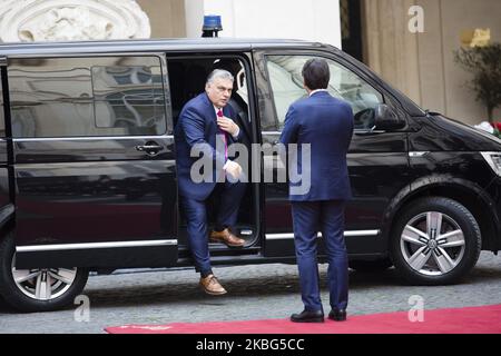 Italy's Prime Minister Giuseppe Conte greets Hungarian Prime Minister Viktor Orban at Chigi Palace in Rome, on February 3, 2020. (Photo by Christian Minelli/NurPhoto) Stock Photo