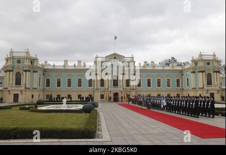 Turkish President Recep Tayyip Erdogan and Ukrainian President Volodymyr Zelensky attend a welcoming ceremony, at the Mariinskiy Palace in Kyiv, Ukraine, on 03 February, 2020. (Photo by STR/NurPhoto) Stock Photo