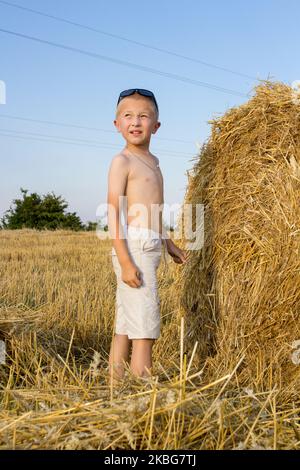 Boy's look up on a wheat field near a bale of straw Stock Photo