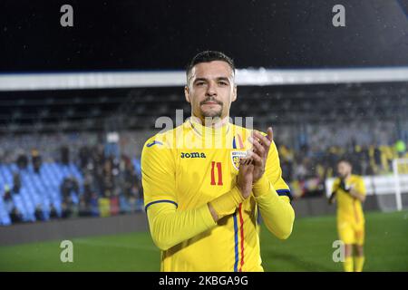 Adrian Petre of Romania U21 celebrates with the fans after the game of UEFA U21 championship between Romania U21 v Finland U21, in Voluntari, Romania, on November 14, 2019. (Photo by Alex Nicodim/NurPhoto) Stock Photo