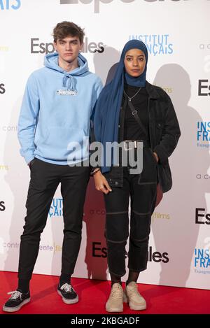 L-R) Gabriel Guevara and Hajar Brown attends 'Especiales' premiere at French Institute on February 05, 2020 in Madrid, Spain. (Photo by Oscar Gonzalez/NurPhoto) Stock Photo