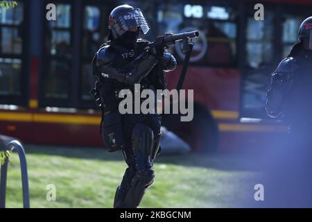 An agent of the anti-riot mobile squad, esmad in the riots at the National University in protest of the tax reform and the murdered social leaders in Bogota, Colombia, on February 06, 2020. (Photo by Daniel Garzon Herazo/NurPhoto) Stock Photo