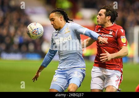 Helder Costa (17) of Leeds United shields the ball from Yuri Ribeiro (2) of Nottingham Forest during the Sky Bet Championship match between Nottingham Forest and Leeds United at the City Ground, Nottingham on Saturday 8th February 2020. (Photo by Jon Hobley/MI News/NurPhoto) Stock Photo