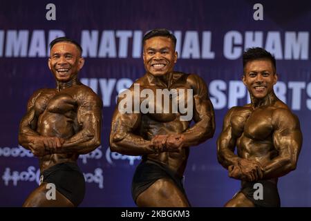 Male bodybuilding athletes compete in the Myanmar National Championship Bodybuilding and Physique Sports Competition in Yangon on February 9, 2020. (Photo by Shwe Paw Mya Tin/NurPhoto) Stock Photo