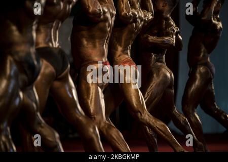 Male bodybuilding athletes compete in the Myanmar National Championship Bodybuilding and Physique Sports Competition in Yangon on February 9, 2020. (Photo by Shwe Paw Mya Tin/NurPhoto) Stock Photo