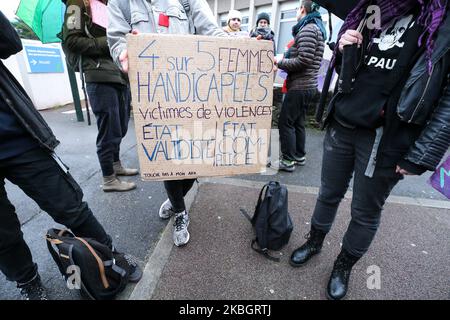 Protestors demonstrate for a greater inclusion of people with disabilies in front of the Departemental Center for Disabled Persons (Maison départementale des personnes handicapées MDPH) in Nanterre, in the inner suburbs of Paris, on February 11, 2020, the day when a National Conference on Disability (CNH) is held at the Élysée Palace,chaired by the French president Emmanuel Macron . (Photo by Michel Stoupak/NurPhoto) Stock Photo