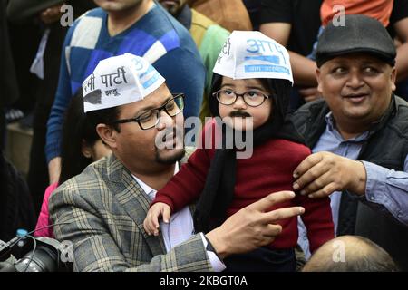 A young supporter of Aam Aadmi Party (AAP) dressed as Delhi's Chief Minister Arvind Kejriwal celebrates victory in regional elections in India's capital New Delhi on 11 February 2020. AAP supporters gathered and celebrated across New Delhi mainly at party head office after the sweeping win against the Prime Minister of India Narendra Modi's party. (Photo by Muzamil Mattoo/NurPhoto) Stock Photo