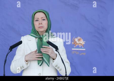 Maryam Rajavi, Ashraf-3, Albania 09/02/2020- Maryam Rajavi, the President-elect of the National Council of Resistance of Iran (NCRI) attend the ceremony of the members of the People Mojahedin Organization of Iran (PMOI/MEK) at Ashraf-3 in Albania on Sunday, February 9, 2020, marking the anniversary of the 1979 anti-monarchic revolution in Iran. Maryam Rajavi said the Shah suppression of the nationalist and democratic movements paved the way for the usurping of the 1979 revolution by Khomeini and his band of clerics. (Photo by Siavosh Hosseini/NurPhoto) Stock Photo